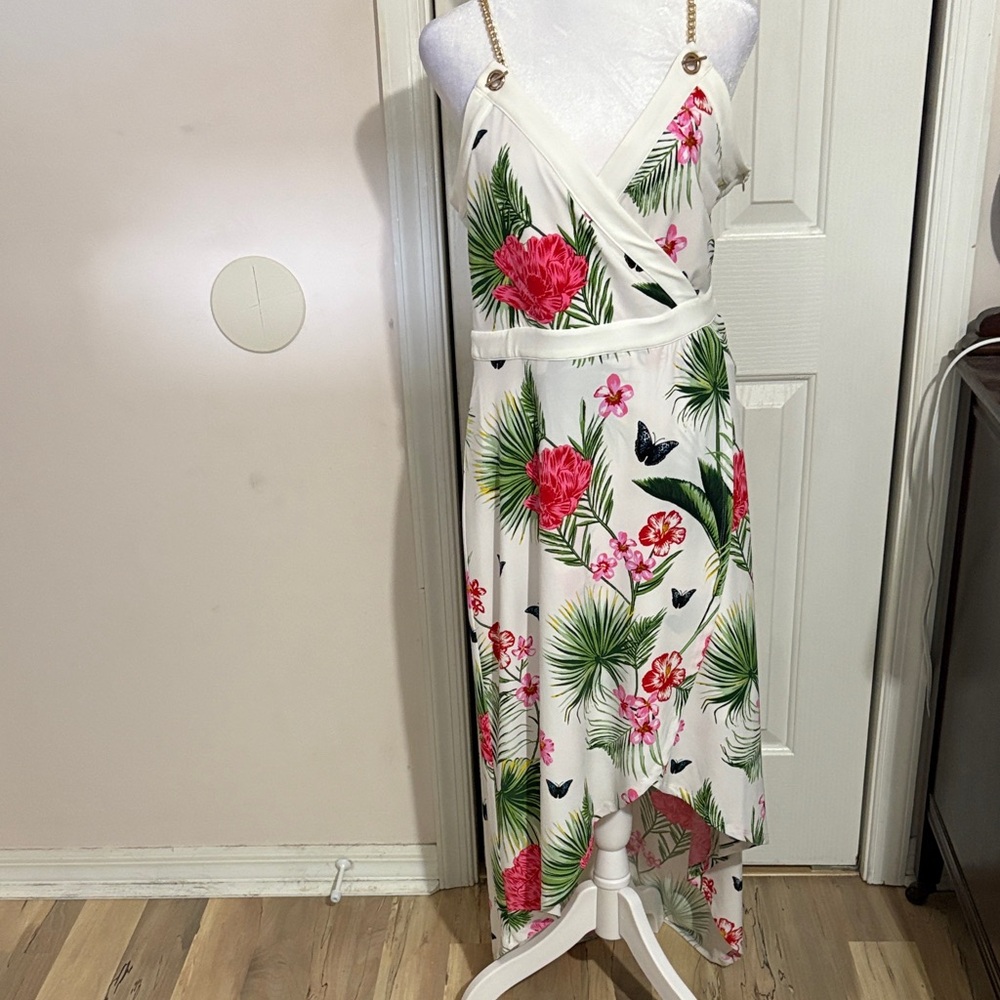 Tropical High Low Dress with Pink and Green Floral Design